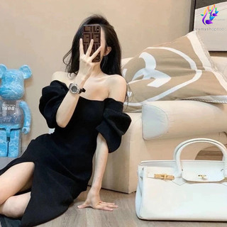 Y ng n Đầm Dài Cổ Vuông Tay Phồng Ôm Eo Xẻ Tà Kiểu retro Phương Tây Màu Đen Kiểu hepburn