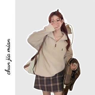 Áo len nữ Chunjiamian thêu ngựa nửa zipper ve áo chui đầu dáng rộng đa năng dệt kim