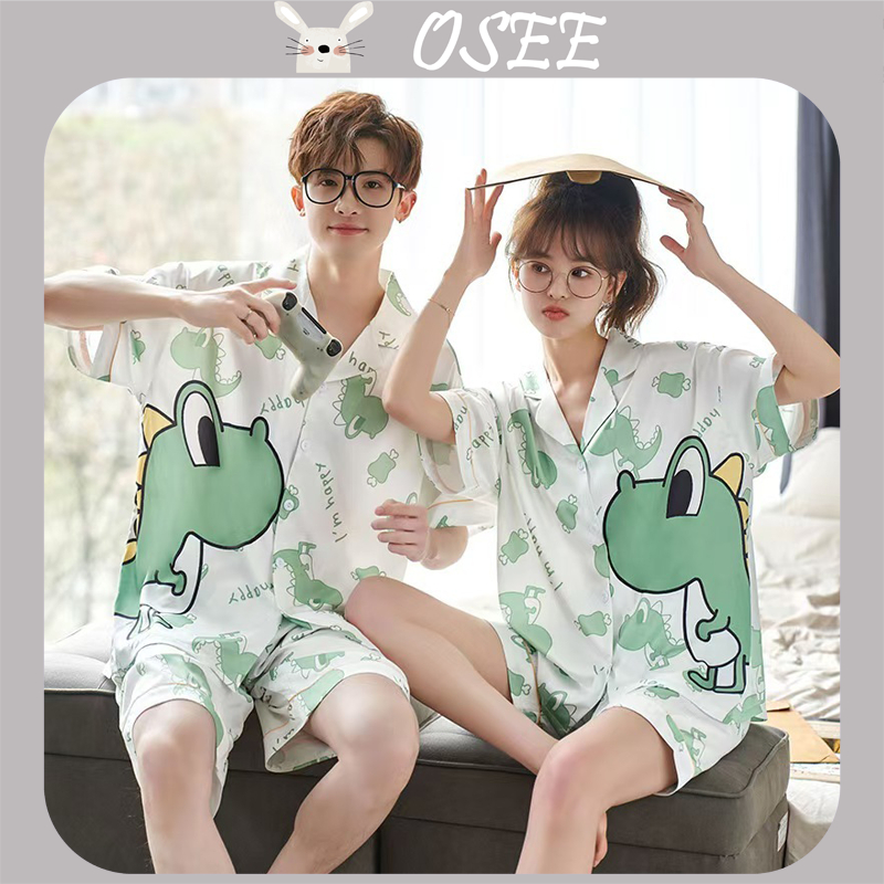 Bộ Đồ Ngủ Tay Ngắn Chất Lụa satin Mỏng In Họa Tiết Hoạt Hình Dễ Thương Thời Trang Mùa Hè Cho Nam Và Nữ