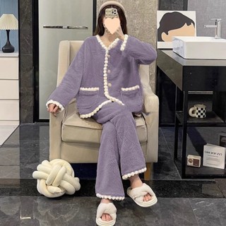 Bộ Đồ Ngủ Flannel Nữ, Mùa Đông Phiên Bản Hàn Quốc Dài Tay, Lông Cừu San Hô Dày, Nữ Thu Đông Dễ Thương, Bộ Đồ Gia Đình