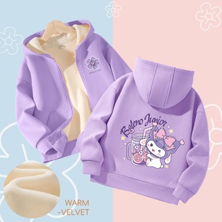  W.G.Q Áo Hoodie bé gái Áo khoác có dây kéo Lớp lót lông cừu phong cách dày dặn với in Kuromi 