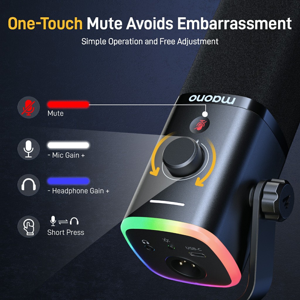 Micrô Podcasting năng động màu đen Maono PD100X, có đèn RGB, Bộ micrô chế độ kép USB / XLR với phần mềm, tắt tiếng, điều khiển âm lượng cho PC, điện thoại, phát trực tuyến, qua giọng nói | BigBuy360 - bigbuy360.vn