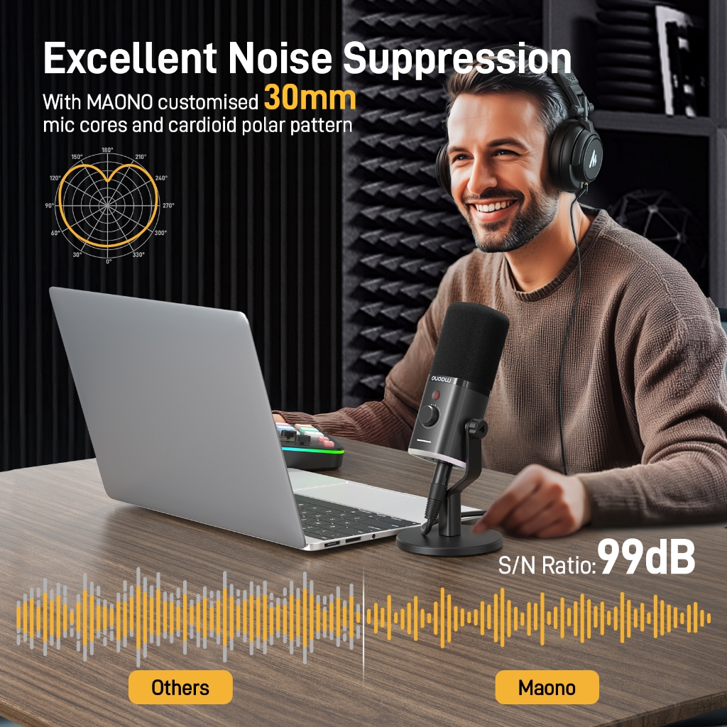 Micrô Podcasting năng động màu đen Maono PD100X, có đèn RGB, Bộ micrô chế độ kép USB / XLR với phần mềm, tắt tiếng, điều khiển âm lượng cho PC, điện thoại, phát trực tuyến, qua giọng nói | BigBuy360 - bigbuy360.vn