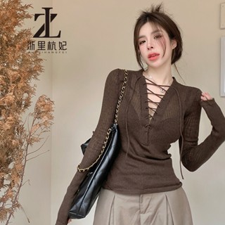 ZHELIHANGFEI Áo sweater sayuory dệt kim tay dài cổ chữ v cột dây quyến rũ thời trang cho nữ