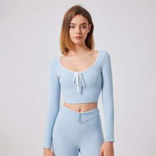 2024 mới chặn màu sắc gợi cảm lưới yoga phù hợp với thiết kế áo thun dài tay cổ chữ V quần tập thể dục lưng cao