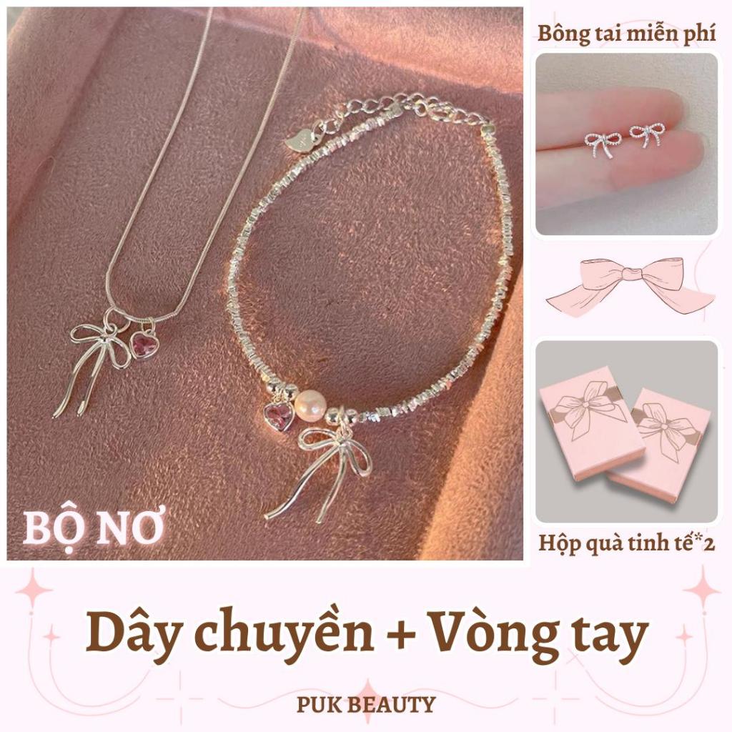 【Bộ 3】Bộ Dây chuyền Và Vòng Tay Cho Nữ, Bộ trang sức Nữ Thiết Kế Tinh Tế Với Nơ Và Trái Tim, Vòng Cổ , lắc tay và khuyên tai, Chất liệu thép titan không rỉ sét, Thích Hợp Làm Quà Sinh Nhật Cho Bé Gái, Đi Kèm Với Hộp Quà Tinh Tế, Hai Mảnh.