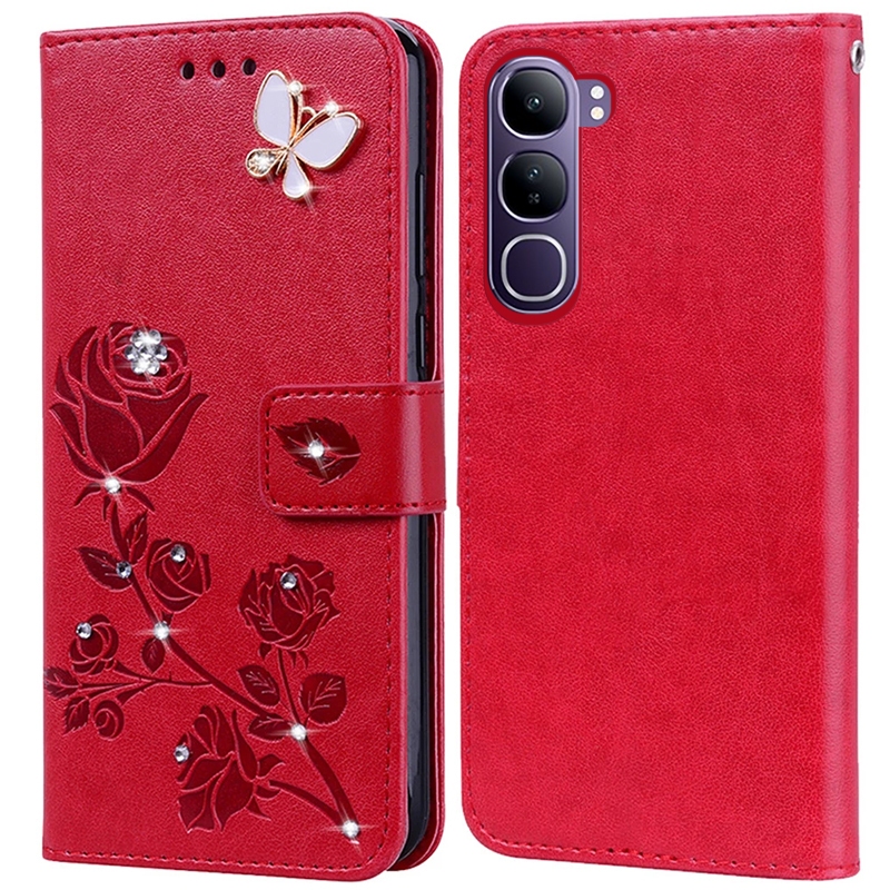 Kim Cương Dập Nổi In Hoa Hồng Ốp Lưng Điện Thoại Vivo V40 Lite 5G 4G Sách Da Full Silicone Cover
