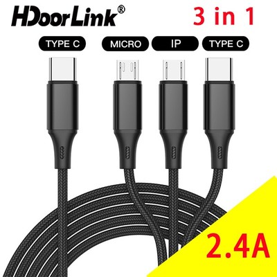 Cáp Sạc PD HdoorLink 3 Trong 1 Type C Sang Type C / Micro USB / iOS 2.4A Dây Cáp Sạc
