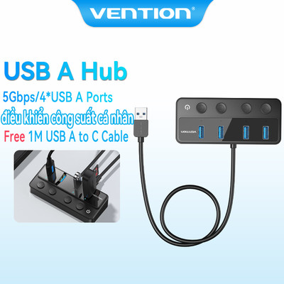USB A HUB Vention 4 Trong 1 USB3,0 5Gbps Bộ chuyển đổi USB C tốc độ nhanh với các công tắc nguồn riêng lẻ