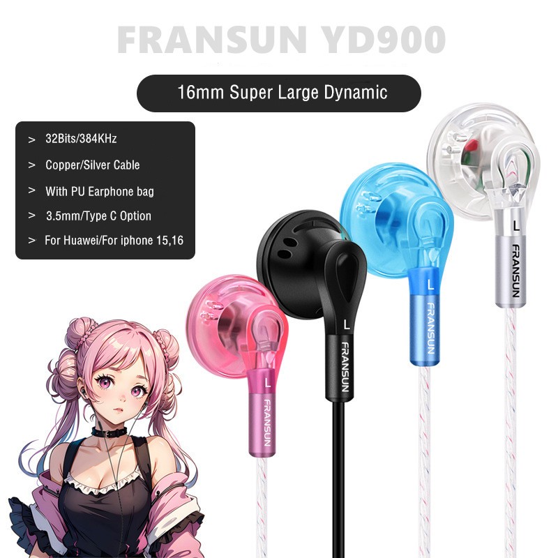 Fransun YD900 Flat Head Vido Earbud Type C 3.5mm HiFi In Ear Tai nghe cho Huawei iphone 15 16