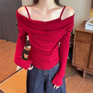 Quần Áo Nữ Đỏ Thiết Kế Giáng Sinh Tắt Vai Dài Tay Áo Len Mỏng Năm Mới Hàn Quốc Micro Horn Top