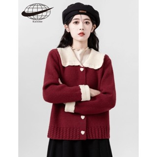 Áo len dệt kim nữ phong cách Hàn Quốc áo len đỏ dệt kim cardigan áo khoác cổ búp bê màu sắc tương phản sang trọng
