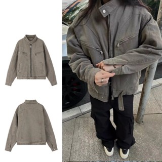 Áo khoác nam VUNC xu hướng retro Mỹ áo khoác denim ngắn giặt màu xám nam