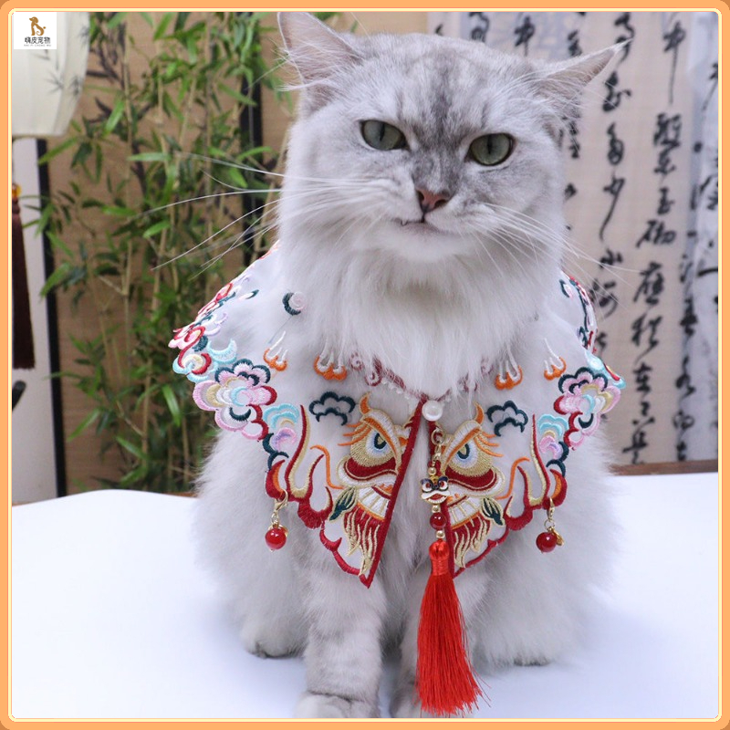 Trung Quốc Vintage Cat Hanbok Phụ kiện/Red Lion thêu Pet Scarf/Antique Dog Bib Pendant Scarf/Pet Sca
