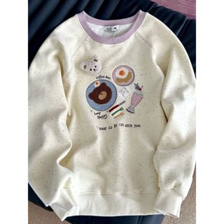 Áo hoodie cổ tròn hình gấu bông thêu cho nữ mùa thu đông, có thiết kế dáng rộng và áo sang trọng