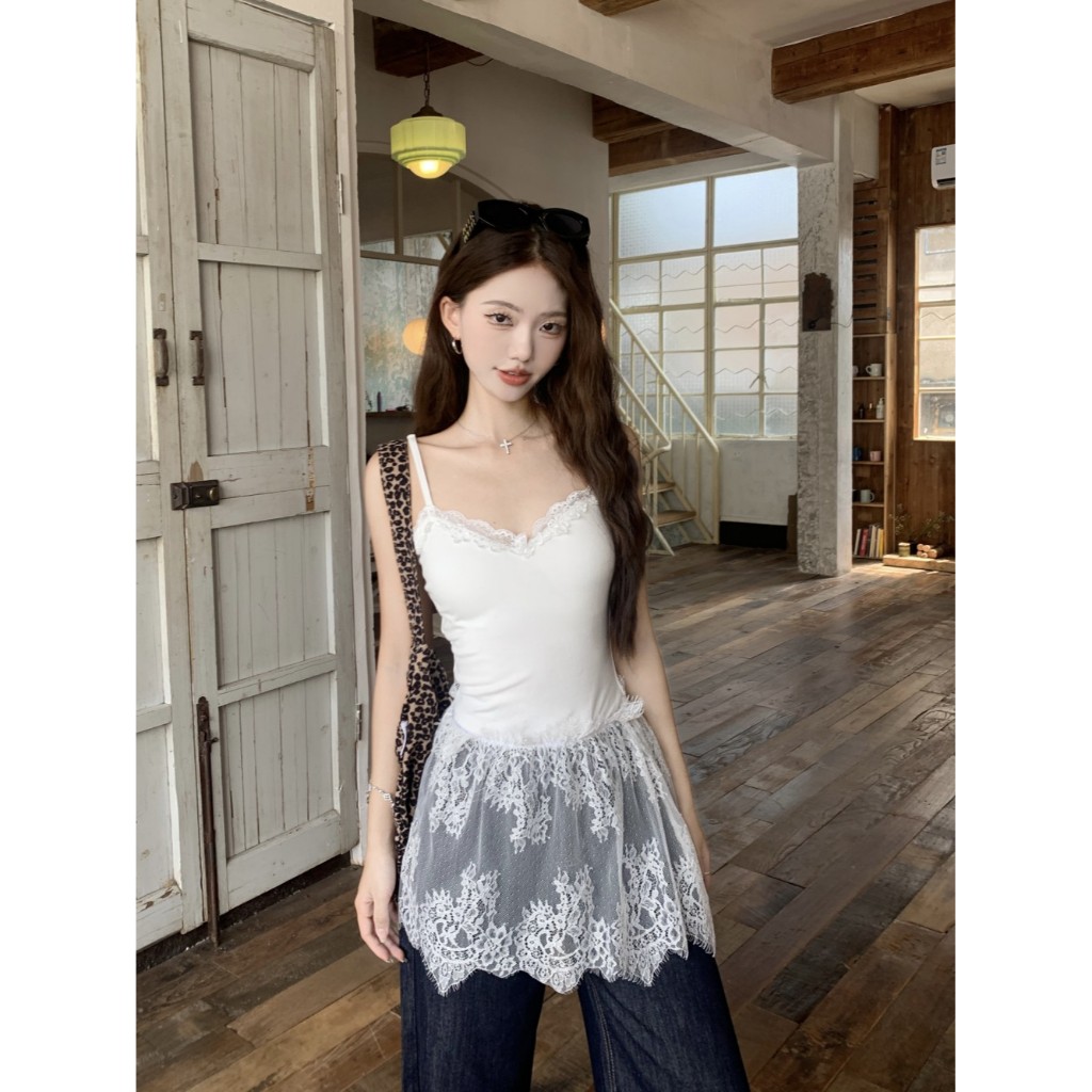 Honey-Honey❣️ Sling Cổ Chữ V Phong Cách Người Nổi Tiếng Ren Đẹp Nhỏ Sling Nữ Bầu Không Khí Lớp Gạc Khâu