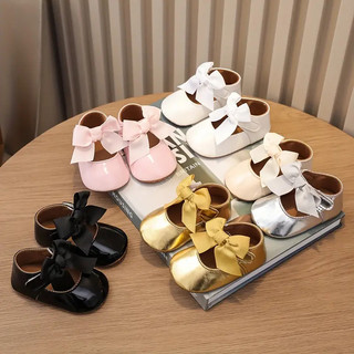 Giày sơ sinh có nơ PU sáng bóng và khóa Velcro - thích hợp cho trẻ sơ sinh và trẻ nhỏ - mùa xuân thu - phong cách giản dị - Chất liệu PU - lót vải - đế vải