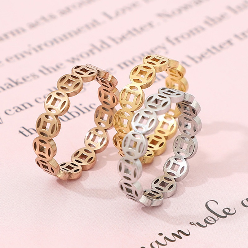 🎉sparkly🎉Nhẫn Thép Titan Mạ bạc Đính Đồng Xu May Mắn Phong Cách Trung Hoa