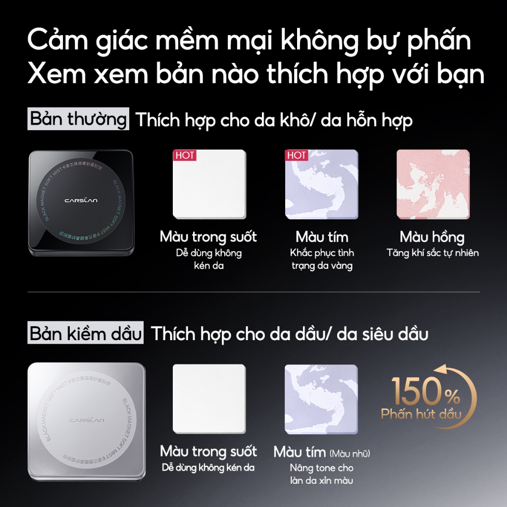 【Combo】Carslan Phấn nén Black magnetic 8g + Xịt khoá nền Black magnetic trang điểm 100ML