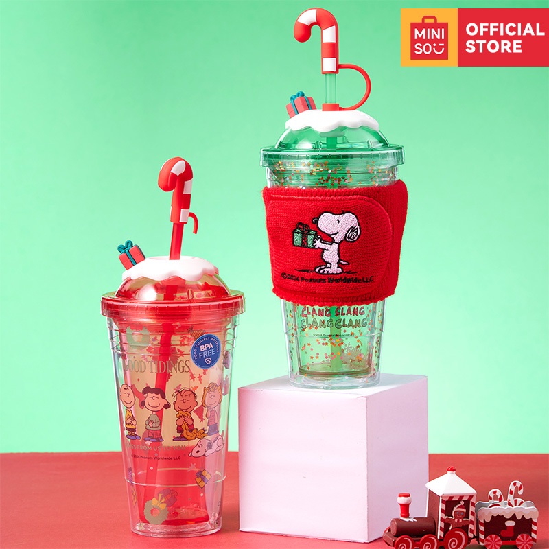 Miniso 480ml Snoopy Bình Nước Tumbler Hai Lớp Chống bỏng Ống Hút Cốc Snoopy Tiệc Giáng Sinh Series