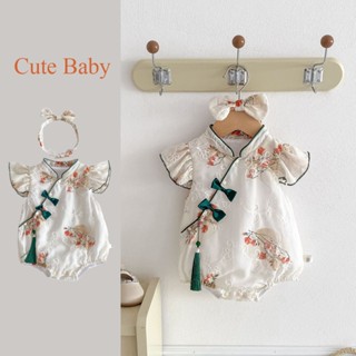 Tết Nguyên Đán Retro Sườn Xám Sơ Sinh Quần Áo Liền Quần Bé Gái Tay Ngắn Mùa Hè Jumpsuit 0-24 Tháng