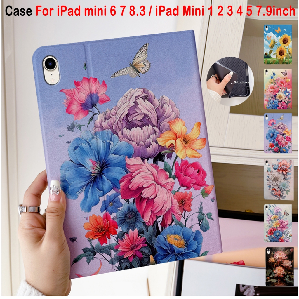 Có Khe Cắm Bút Đứng Flip Cover Cho iPad Mini 6 7 8.3 inch iPad Mini 1 2 3 4 5 6 7 7.9 8.3 Vỏ Hoa nở Thời Trang Da TPU Vỏ Máy Tính Bảng Chống Sốc
