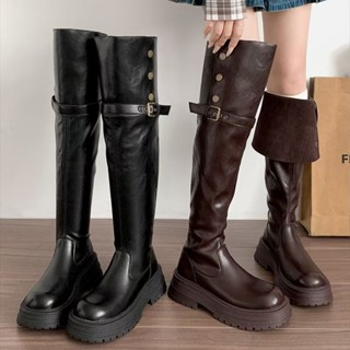  Giày Rider Đế Dày Nữ 2024 Phong Cách Mới Dày Gót 5CM Nâu   Đen Giày Bốt Dài Trên Đầu Gối 