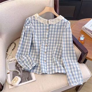 Ảnh chụp thực】Áo sơ mi dài tay nữ mùa thu Áo sơ mi dài tay kẻ sọc ren dễ thương ngọt ngào kiểu Pháp cho nữ áo sơ mi phong cách học đường mẫu mới đầu thu Áo Cardigan