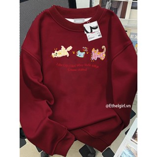 Ethelgirl Quần Áo Nữ Giáng Sinh Mèo Đỏ Hoạt Hình In Hình Dài Tay Áo Hàn Quốc Cơ Bản Tất Cả Trận Đấu Top