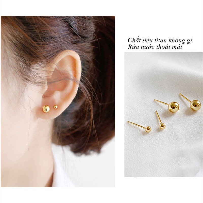 Bông tai titan không gỉ mạ vàng 18k thiết kế dạng bi tròn đơn giản nhẹ nhàng thời trang cho nữ