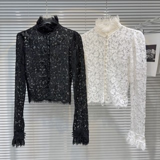 Mùa Đông 2024 Phong Cách Mới Sang Trọng Nữ Ren Dây Xích Liên Kết Ngọc Trai Nút Hơi Trong Suốt Đáy Nữ Áo Sơ Mi Nhỏ Ren Top