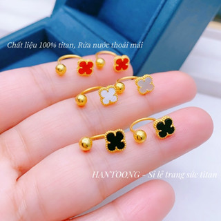 Bông tai titan cao cấp không gỉ mạ vàng 24k thiết kế chữ U hình cỏ 4 lá xinh xắn dành cho nữ