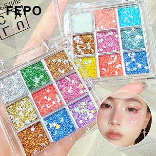 Fepo 9 Màu Lấp Lánh Phấn Mắt Bảng Shimmer Nhiều Màu Vàng Lấp Lánh Sequin Hoàn Thiện Cơ Thể Mặt Trang Điểm Sân Khấu Đảng Trang Điểm Mỹ Phẩm Giáng Sinh