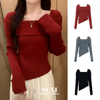  Áo len dệt kim cổ vuông màu trơn Suxi Thu đông Áo len dài tay cổ điển mới 241112 