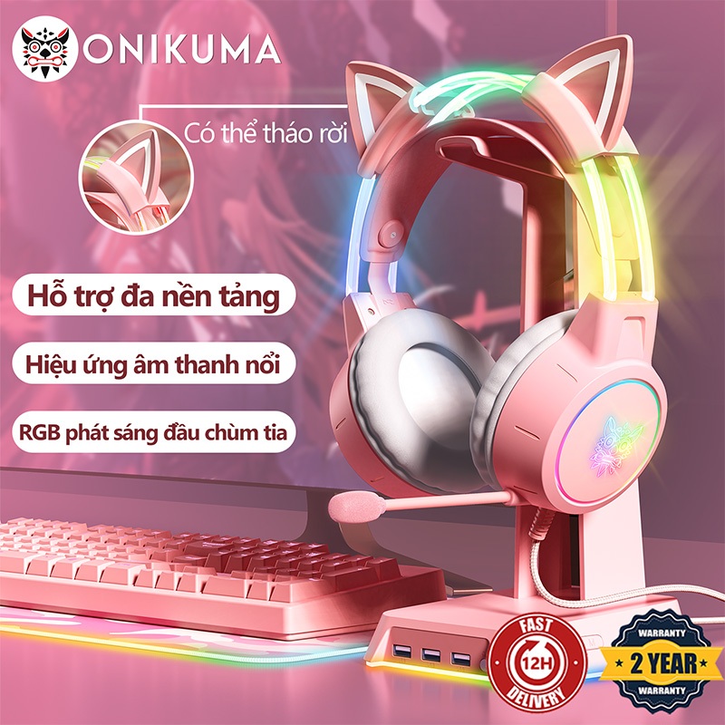 Tai nghe chụp tai Onikuma X15 pro hình mèo hồng kèm mic phù hợp cho máy tính/ laptop
