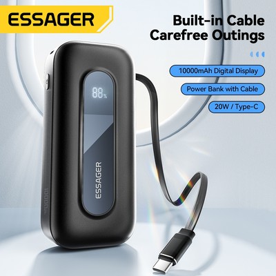 Essager 22.5W 10000mAh Super Mini Powerbank Tích hợp cáp có thể thu vào có màn hình nguồn