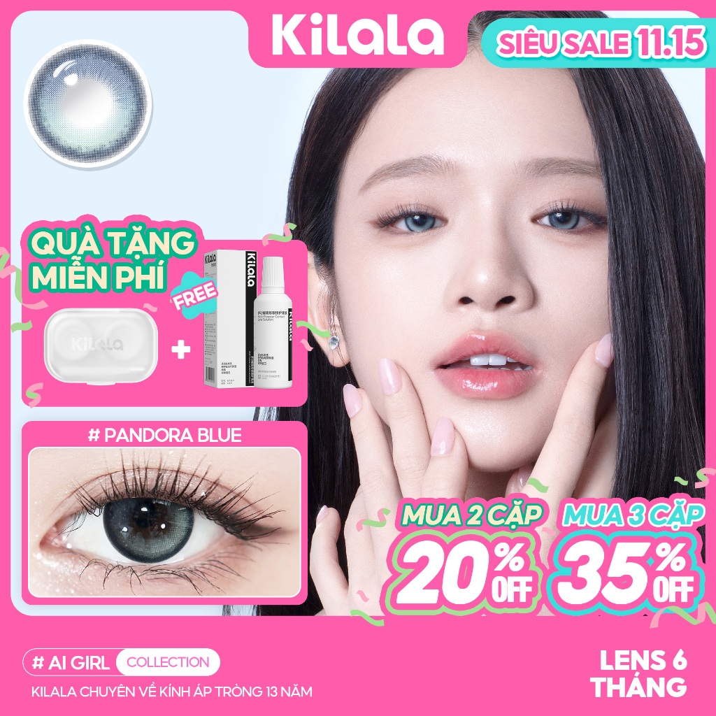 Kính áp tròng Kilala màu lam Pandora Blue lens cận 6 tháng DIA 14.2mm có độ (0-8) 1 cặp
