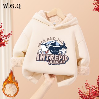 W.G.Q Áo Hoodie trùm đầu cho bé trai , Lớp lót lông cừu phong cách thu đông dày dặn, có mũ và in hình cá mập
