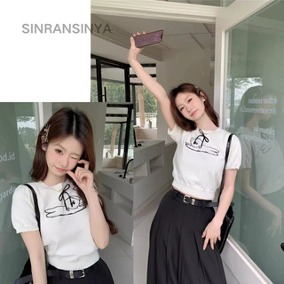 Sinransinya Áo thun nữ đơn giản hợp thời trang hot girl phong cách gió nhẹ nhàng đám mây ngọt ngào chó jacquard dệt kim hàng đầu
