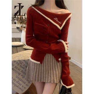  ZHELIHANGFEI Ngọt Ngào Phong Cách Cay Một Vai Áo Len Nữ Đỏ Sang Trọng Khâu Ve Áo Dệt Kim Cardigan Đáy Áo Sơ Mi 