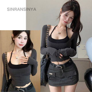 Bộ 2 áo thun dài tay, ôm cơ thể + Áo crop top 2 dây đeo gợi cảm, dễ phù hợp