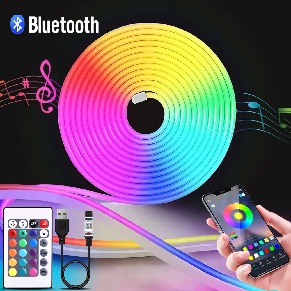 5v USB RGB Neon LED Strip Ứng dụng Bluetooth có điều khiển từ xa Dải Neon chống nước Ánh sáng RGB St