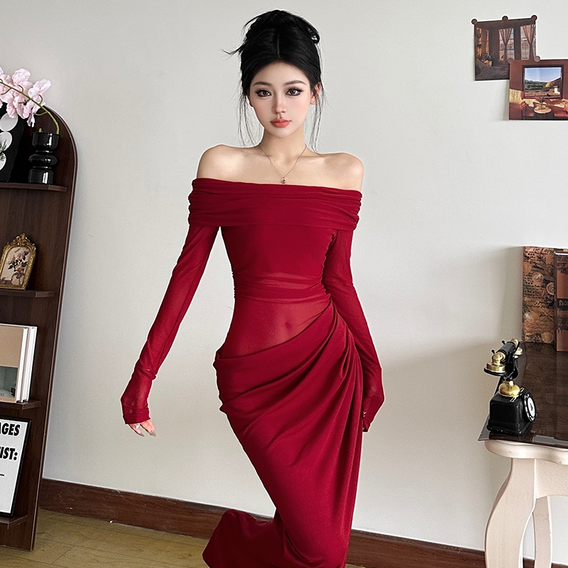  Weird Puss Lạ Puss Lưới Đầm Cổ Chém Chắc Chắn Skinny Chắp Vá Rỗng Ra Không Đều Tay Dài Hình Eo Hông-Cover Thời Trang Ngọt Ngào 