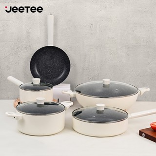 JEETEE Bộ nồi chảo 4 món tráng đá không dính có nắp đậy nấu ăn tiện dụng