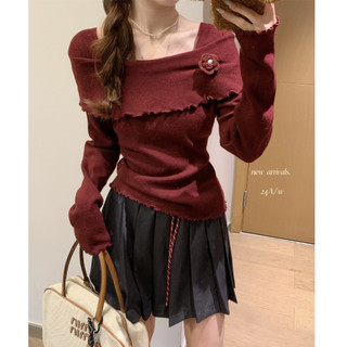  Suxi Off Vai Nữ Dệt Kim Mùa Thu Mới Ruffle Áo Len Dài Tay 241117 