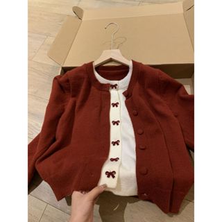 Retro Ankora Đỏ Cổ Tròn Nơ Áo Len Dệt Kim Cashmere Cho Nữ Thu Đông, Thời Trang Và Giảm Lão Hóa Áo Len Áo Khoác
