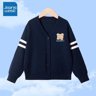 Jeanswest Áo khoác Cardigan dệt kim bé trai , Áo khoác dài tay phong cách Preppy Áo len trẻ em, in hình gấu