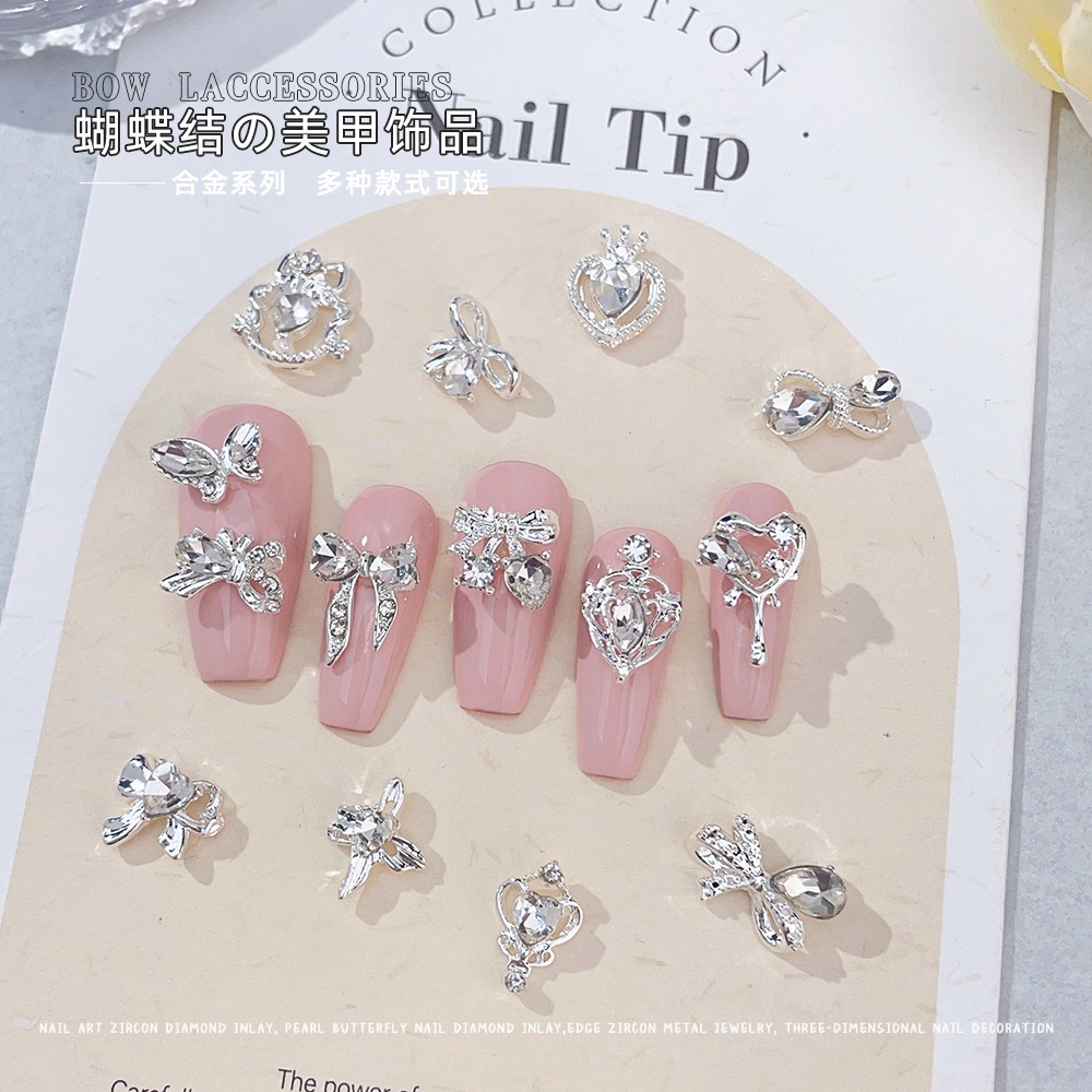 Hợp Kim Nơ Làm Móng Tay Trang Sức Siêu Nhấp Nháy Kim Cương Giả Bướm Nhỏ Tình Yêu Móng Tay Kim Cương