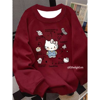 Ethelgirl Quần Áo Nữ Năm Mới Màu Đỏ Thời Trang Hoạt Hình Hello Kitty In Hình Cổ Tròn Áo Dài Tay Hàn Quốc