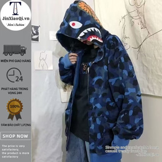 Áo khoác nam đường phố mùa thu và mùa đông zip hip hop cá mập mẫu mũ trùm đầu cặp đôi áo khoác giản dị